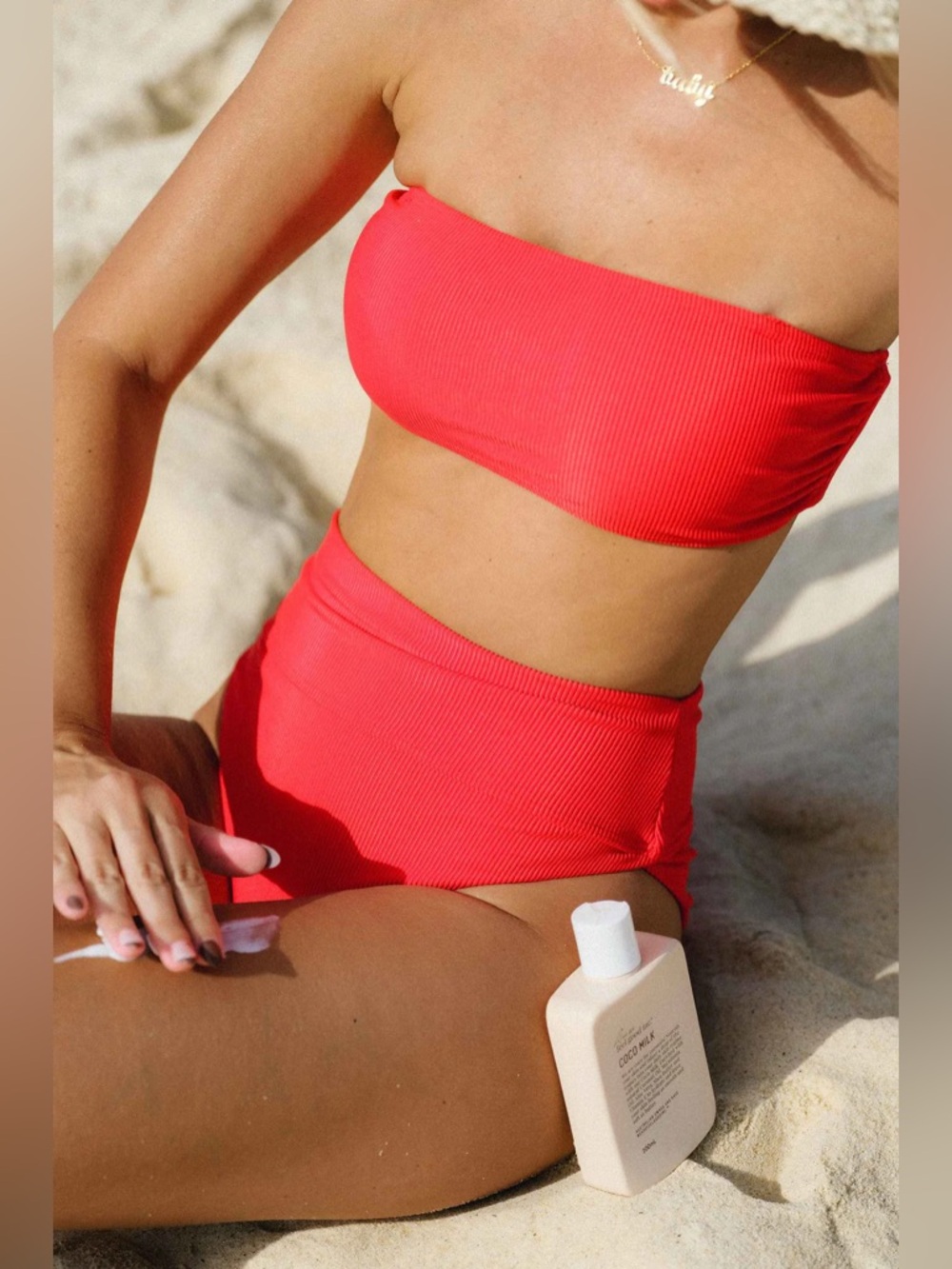 Beach Riot 2pc Bikini: Kelsey Bandeau Top & Highway High Waist Bottom Red Ribbed - Picture 3 of 12